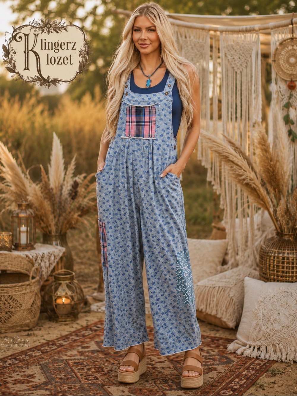 Blue and Pink and gray  boho patchwork Patterned Overalls oversized fit by POL